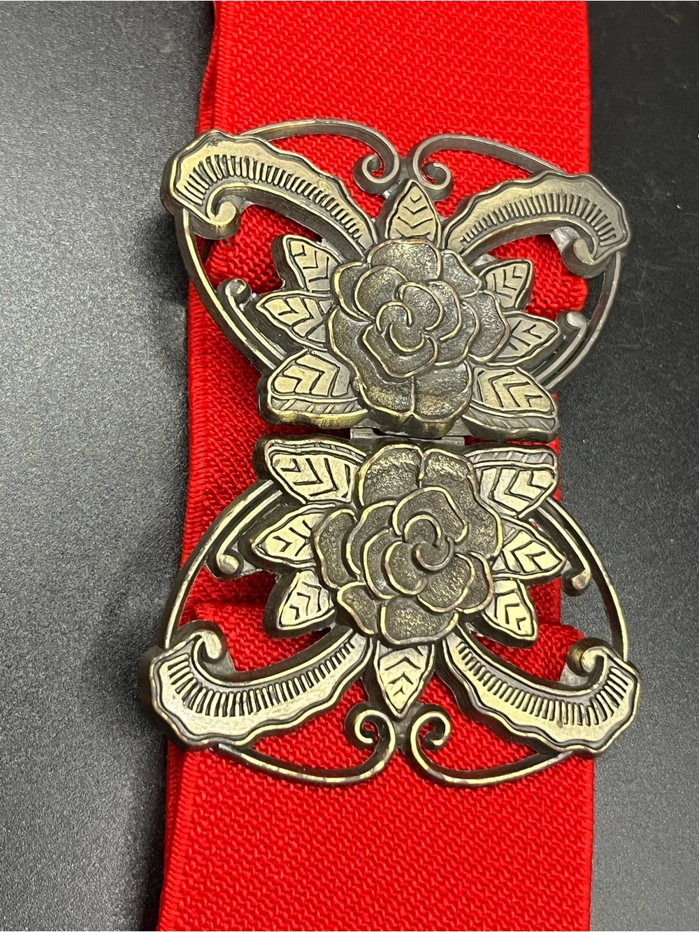 Vintage-Style Red Floral Metal Buckle Belt - Unbranded
